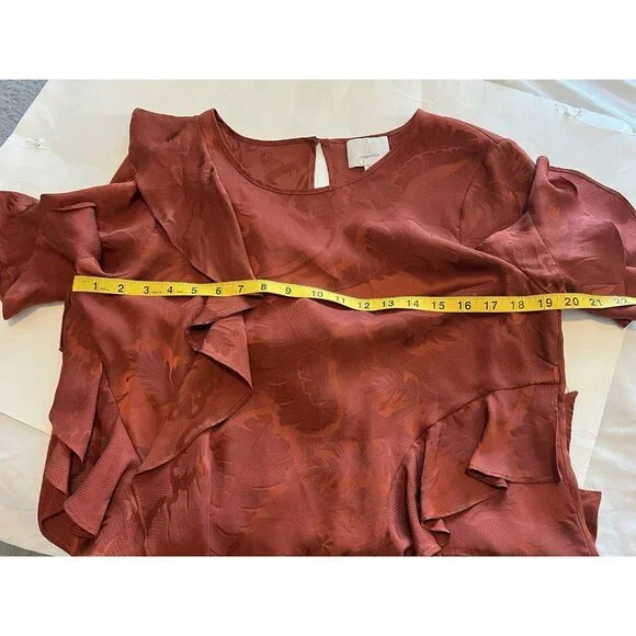 Cinq A Sept Silk Top Blouse Ruffle Asymmetric Size Medium Rust Orange Jacquard - Picture 12 of 15